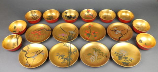 10 Chinese orange and gold lacquered rice bowls with floral decoration 5" together with 8 ditto plates 7"  