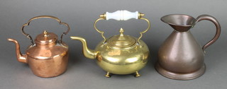 A copper kettle 4", a copper one quart harvest measure 7", a circular brass kettle with opaque glass handle (some dents)  