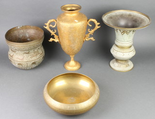 A Benares brass trumpet shaped vase 12", a twin handled vase 14", ditto bowl 10" and an embossed jardiniere 8" 