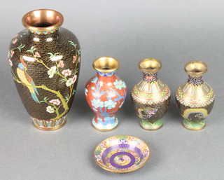 A Japanese black ground cloisonne enamelled vase decorated a bird 6", a pair of cloisonne enamelled vases decorated dragons 4", 1 other with floral decoration 4" and a circular dish 3" 