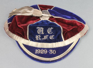 A George Lewin & Co. 1929-1930 RFC red and blue Rugby Football Club cap with silver tassel 