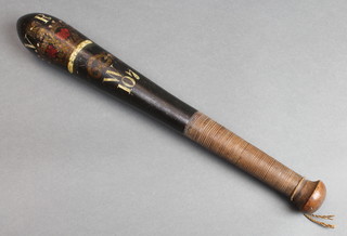 A Victorian turned wooden truncheon with painted crown cypher and Staffordshire knot, 15"l
