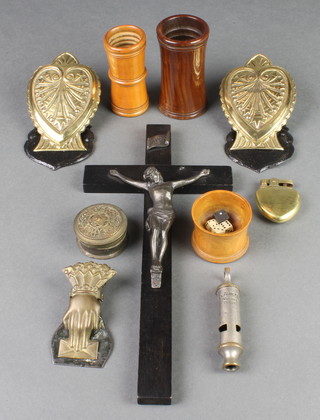 2 turned and waisted wooden dice shakers, 3 Victorian embossed brass and metal paperclips, a crucifix and minor curios 