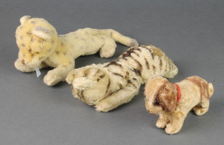 A felt figure of a dog with glass eyes 6", ditto of a leopard 9" and a figure of a cat 9" 