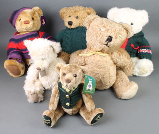 A brown straw stuffed teddybear, a Russ Claridge Centenary bear, a Harrods 150th Anniversary Limited Edition bear 1999, 3 various Harrods bears 1998, 2004 and 2006  