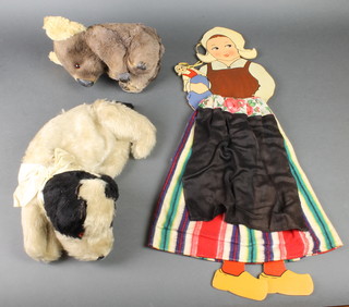 A Pyjama case in the form of a seated black and white dog 14", do. Koala Bear 10", a child's wooden and cloth laundry bag in the form of a standing Dutch girl 
