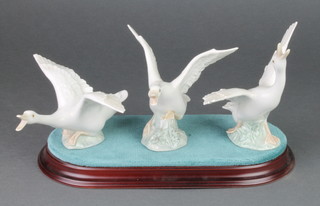 Three Lladro figures of geese 1263 5", 1264 3" and 1265 4", boxed with a stand