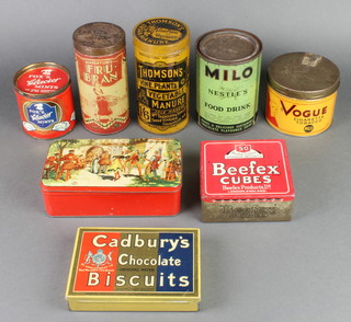 A tin of Thomson's vine, plant and vegetable manure, a tin of Milo Nestles food drink and other tins