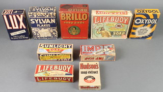 A Brillo soap pad shop display packet, a Sylvan shop display soap packet, a ditto Lifebouy soap, ditto Lux, Oxydol, Hudsons, Imp and a packet of Sunlight soap 