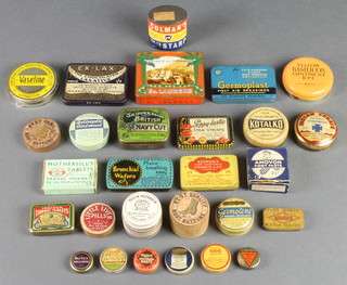A Best Quality Boot Buttons cylindrical wooden box, an Indian Cerate tin, an Iodised Throat Tablets tin, a Kessick Chocolate Laxative tin and various other tins