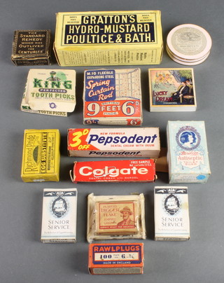 A packet of Players Digger Flake tobacco, a Lucky Dream cigarette packet, a packet of Richmond Pride Egg Substitute, a Gratton's Hydro-Mustard Poultice & Bath together with various other packaging 
