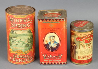 A large tin of Mineral Spring Health Granules, a packet of Thompsons Malted Slippery Elm Food, a Victory V tin