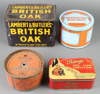 A Lambert & Butlers British oak tobacco tin, a Nairn's Abernethy biscuit tin, a Beacon extending curtain rod tin and a Thornton's Confectionary tin 