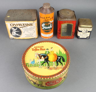 An Ovaltine Rusk tin, a Sharp's Mitcham Mints tin, a Gunk Solution tin and a Lovell's Toffee tin