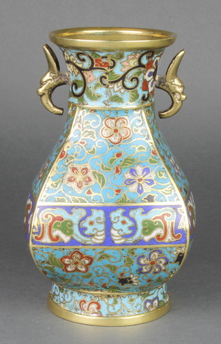 A Japanese bronze cloisonne enamelled twin handle vase of club form, 9"