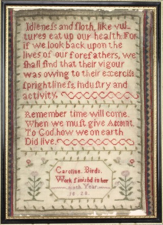 A George IV woolwork sampler with motto decorated trees by Caroline Bird in her 9th year 1828 12 1/2" x 9", slight stain to bottom right hand corner