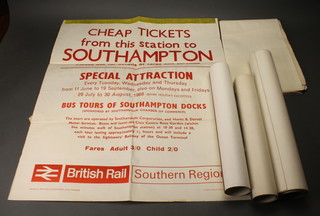 A 1965 British Railways Passenger and Car Services to Great Britain by SS Caledonian Princess poster 40" x 49" (tear to top),  ditto 1968 Cheap Tickets from this Station to Southampton special attraction poster  40" x 26" (slight tear), a Chitty Chitty Bang Bang film poster 30" x 39", a 1970 Courage calendar, 2 1960's coloured posters For a  Wonderful vacation scenic Alberta Canada  22" x 17", a National Savings coloured poster and 2 educational posters of ships 29" x 30" 
