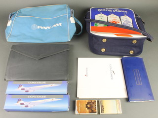 Of Concorde interest, 2 models of British Airways Concorde together with tickets, menu, folder, pamphlet etc and a PanAm flight bag and 1 other We Are Going Places flight bag 