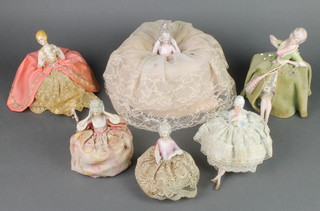 Six Continental bisque porcelain pin dolls 
