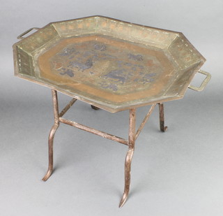 A Chinese lozenge shaped twin handled tea tray inlaid a "silver" and copper Dogs of Fo together with a 19th Century pierced brass and polished steel footman 12" x 9" x 7"