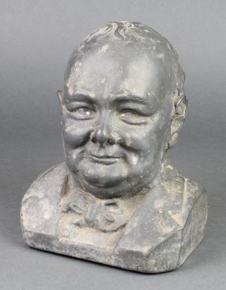 A cast metal head and shoulders portrait bust of Winston Churchill 6" x 9" 