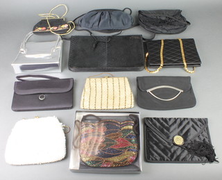 A Chanel black satin handbag complete with receipt, a Hardy Amies lizard skin bag and other handbags