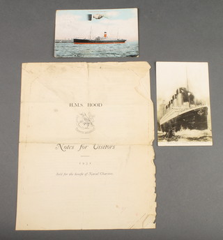 A Titanic postcard postmarked May 11 1912, an SS Tunisia postcard and an HMS Hood pamphlet 