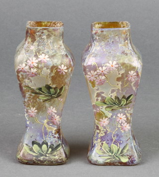 A pair of Continental Art Nouveau squared waisted vases decorated with flowers 4 1/2" 