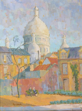 P E Connor, oil painting on board, signed, "Sacre Coeur from back streets of Montmartre" 19" x 14"  