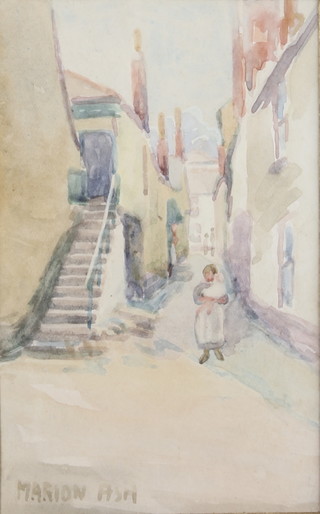 Marion Ash, watercolour, signed, a village back street with figures 5 1/4" x 3 1/4" 