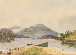 H B Davis, watercolours, signed, a lakeside scene with figures and boats and distant hills and a coastal scene with moored boats, figures and buildings 8 1/2" x 11 1/2"
