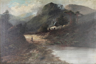 W Richards, oil on canvas, signed, mountainous landscape with a figure beside a cottage 20" x 29"  
