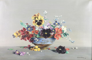 L Biddle '49, oil on canvas, still life study of a bowl of flowers 15 1/2" x 20 1/2"