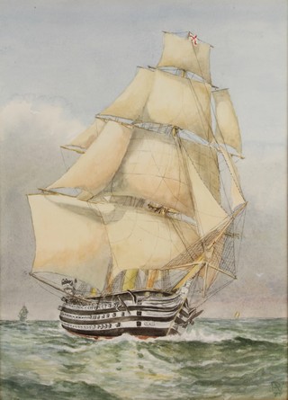P V '77, watercolour, a 3 masted ship at sea, 14" x 10"