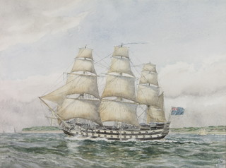 P V 1976, watercolour, study of a 3 masted sailing ship at sea off a rocky coast 10" x 13 1/2" 
