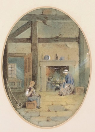 Edwardian watercolours, oval, indistinctly signed, interior scenes with figures 6 1/4" x 4 1/2" 