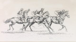 Roy Miller '78, signed, pencil drawing, "Down to the Start" study of race horses 15" x 27"