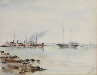 J Herbert Fisher 1895, watercolour, signed, moored vessels 7" x 9" 