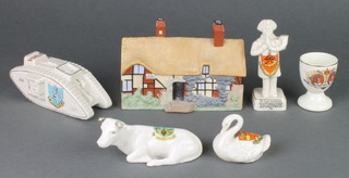 A W H Goss model of Anne Hathaway's cottage 6" and 5 items of crested china