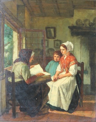 Eugene Francois de Block, oil on panel, an elderly lady reading to a young girl and boy in a cottage interior, label on verso 15 1/2" x 12" 