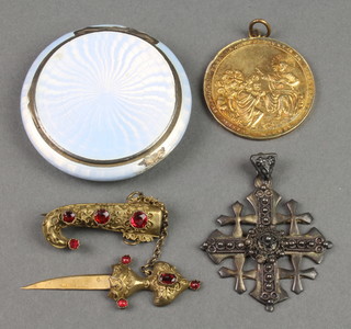 A silver and pale blue guilloche enamel compact, a presentation medallion, a Sterling cross and a dagger brooch