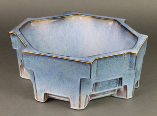 A 1930's blue slip glazed octagonal planter of stepped form 12" 