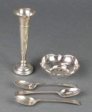 A silver bon bon dish Birmingham 1989 2 1/2", a spill vase and 3 spoons