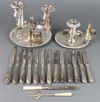 A silver plated 2 light chamber stick with 2 snuffers and wick trimmer, 1 other and minor cutlery 