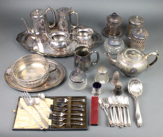 A silver plated oval 2 handled tray 14" and minor plated items 