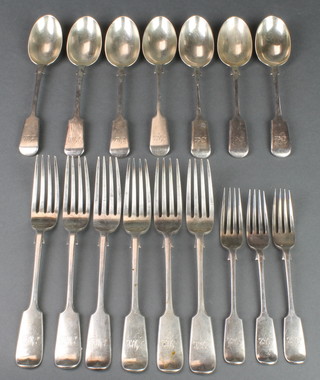 A Victorian part canteen of silver cutlery comprising 3 dessert forks, 6 table forks and 7 dessert spoons, mixed dates London 1886, 1889, 1890 and 1894, 118 grams