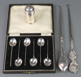 A set of 6 silver bean end coffee spoons Birmingham 1937, a pepperette and 2 button hooks 