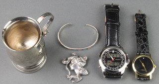 An Art Nouveau style silver portrait brooch, a ditto bangle, 2 wristwatches and a silver plated mug 