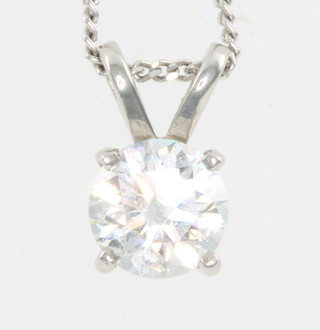 A single stone brilliant cut diamond pendant set in a white gold mount, approx. 1ct on a platinum chain, colour G/H, clarity VS1 