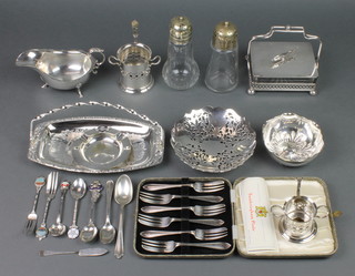 An Edwardian silver plated sardine box with cut glass liner, minor plated items